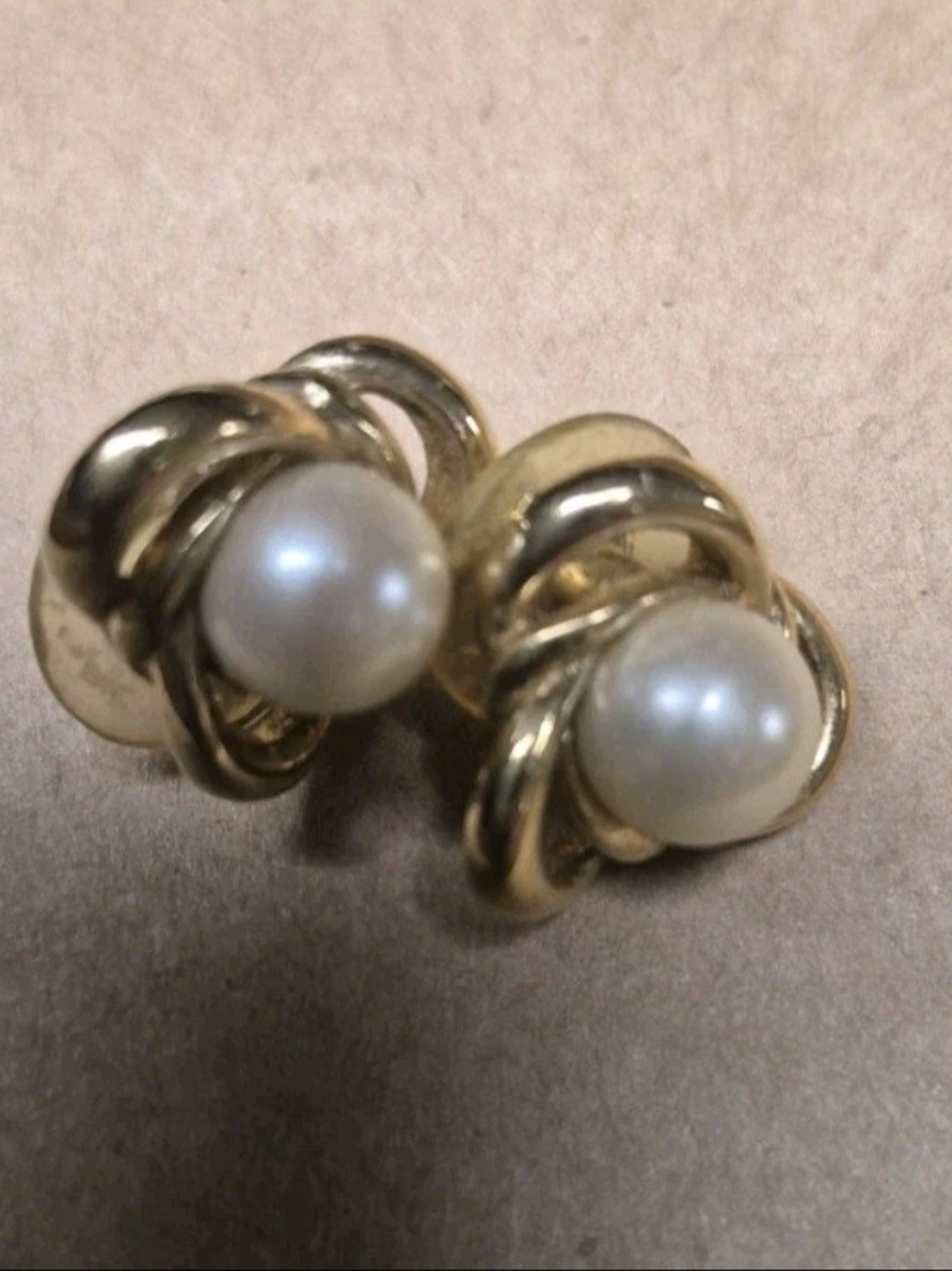 Vintage Signed Trifari Gold Tone Faux Pearl Love Knot Post Earrings